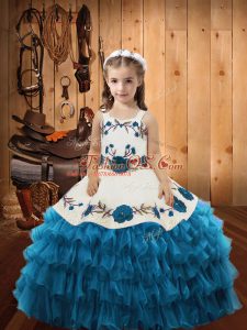 Teal Ball Gowns Organza Straps Sleeveless Embroidery and Ruffled Layers Floor Length Lace Up Kids Formal Wear