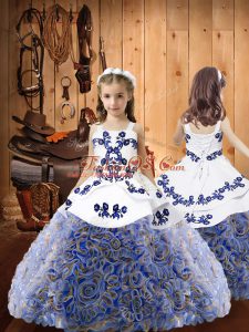 Multi-color Fabric With Rolling Flowers Lace Up Little Girls Pageant Dress Wholesale Sleeveless Floor Length Embroidery and Ruffles