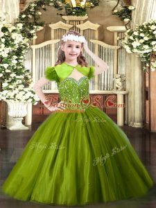 Olive Green Sleeveless Floor Length Beading Lace Up Little Girl Pageant Dress