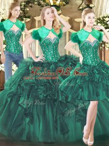 Dark Green Lace Up Sweetheart Beading and Ruffles Quince Ball Gowns Tulle Sleeveless