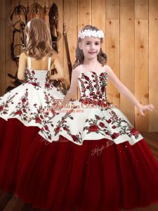 Straps Sleeveless Little Girls Pageant Dress Floor Length Embroidery Red Tulle