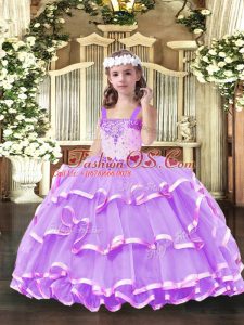 Elegant Floor Length Lace Up Pageant Gowns For Girls Lilac for Party and Quinceanera with Beading and Ruffled Layers