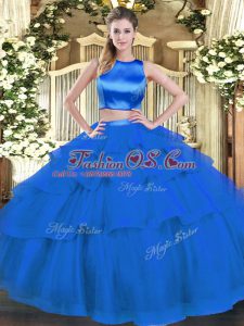 Delicate Sleeveless Tulle Floor Length Criss Cross 15th Birthday Dress in Blue with Ruffled Layers