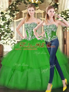Flare Green Ball Gowns Strapless Sleeveless Tulle Floor Length Lace Up Beading and Ruffled Layers Sweet 16 Dress