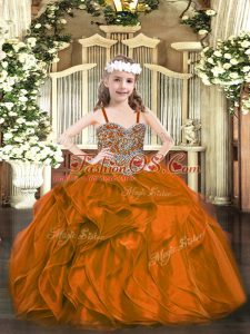 Custom Designed Floor Length Rust Red High School Pageant Dress Organza Sleeveless Beading and Ruffles