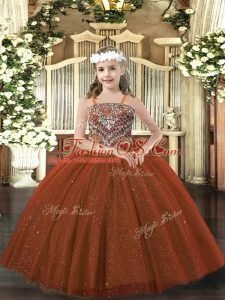 Rust Red Lace Up Straps Beading Little Girls Pageant Gowns Tulle Sleeveless