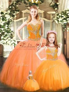 Nice Orange Red Ball Gowns Sweetheart Sleeveless Tulle Floor Length Lace Up Beading Sweet 16 Dresses