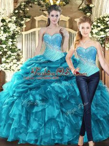 Sweetheart Sleeveless Quinceanera Gown Floor Length Beading and Ruffles Aqua Blue Tulle