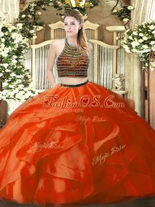 Dazzling Orange Red Sleeveless Beading and Ruffles Floor Length 15 Quinceanera Dress