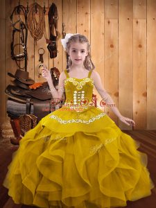 Modern Gold Ball Gowns Straps Sleeveless Organza Floor Length Lace Up Embroidery and Ruffles Girls Pageant Dresses
