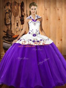 Adorable Purple Ball Gowns Halter Top Sleeveless Satin and Tulle Floor Length Lace Up Embroidery Ball Gown Prom Dress