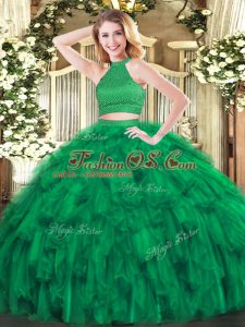 Ball Gowns Quinceanera Gown Green Halter Top Organza Sleeveless Floor Length Backless