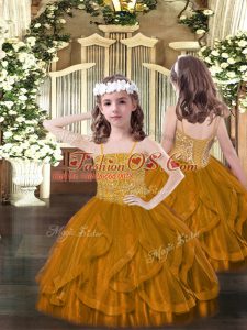 Brown Lace Up Spaghetti Straps Beading and Ruffles Pageant Dress for Teens Tulle Sleeveless