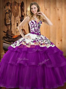 Purple Ball Gowns Embroidery and Ruffles Quince Ball Gowns Lace Up Tulle Sleeveless Floor Length