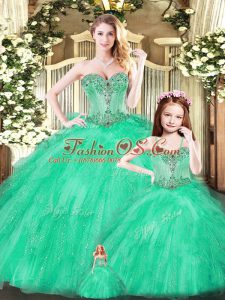 Wonderful Turquoise Sleeveless Floor Length Beading and Ruffles Lace Up Sweet 16 Dress
