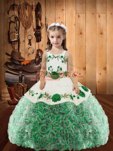 High Quality Fabric With Rolling Flowers Sleeveless Floor Length Little Girls Pageant Dress and Embroidery and Ruffles