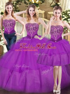 Eggplant Purple Sweet 16 Quinceanera Dress Military Ball and Sweet 16 and Quinceanera with Beading and Ruffled Layers Strapless Sleeveless Lace Up