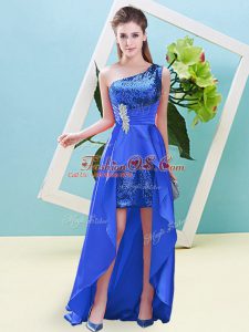 Delicate Blue Elastic Woven Satin and Sequined Lace Up Homecoming Dress Sleeveless High Low Beading and Sequins