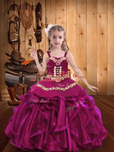 Fuchsia Ball Gowns Embroidery and Ruffles Glitz Pageant Dress Lace Up Organza Sleeveless Floor Length