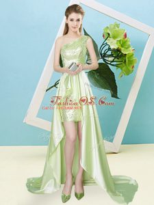 On Sale Empire Prom Gown Yellow Green One Shoulder Elastic Woven Satin and Sequined Sleeveless High Low Lace Up