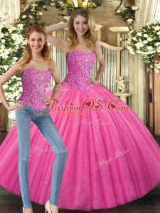 Dazzling Hot Pink Sleeveless Beading Floor Length Sweet 16 Dresses
