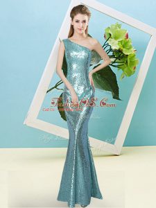 Modest One Shoulder Sleeveless Prom Party Dress Floor Length Sequins Aqua Blue Sequined