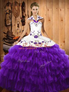 Traditional Purple Sleeveless Organza Lace Up Quinceanera Dresses for Military Ball and Sweet 16 and Quinceanera