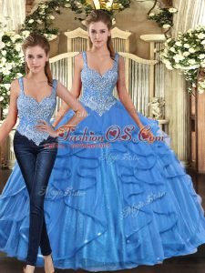 Cute Aqua Blue Tulle Lace Up Sweet 16 Dress Sleeveless Floor Length Beading and Ruffles