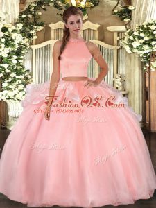 Fantastic Pink Backless Quince Ball Gowns Beading Sleeveless Floor Length