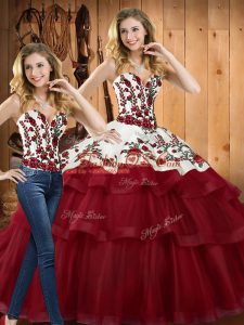 Smart Wine Red Ball Gowns Organza Sweetheart Sleeveless Embroidery Lace Up 15 Quinceanera Dress Sweep Train