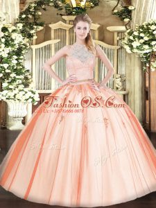 Scoop Sleeveless Tulle Quince Ball Gowns Lace and Appliques Zipper