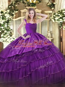 Sexy Eggplant Purple Ball Gowns Straps Sleeveless Satin and Organza Floor Length Zipper Embroidery and Ruffled Layers Sweet 16 Dress