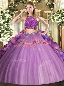 Multi-color Two Pieces High-neck Sleeveless Tulle Floor Length Zipper Beading and Ruffles Quinceanera Gown