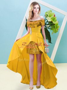 Colorful Off The Shoulder Short Sleeves Prom Dresses High Low Beading Gold Elastic Woven Satin and Sequined