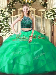 Turquoise Sleeveless Organza Zipper Quinceanera Gowns for Military Ball and Sweet 16 and Quinceanera