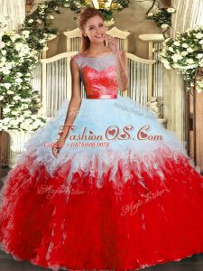 Spectacular Scoop Sleeveless Quinceanera Gown Floor Length Lace and Ruffles Multi-color Organza