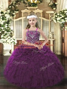 Custom Designed Dark Purple Lace Up Girls Pageant Dresses Beading and Ruffles Sleeveless Floor Length