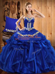 Unique Royal Blue Sleeveless Floor Length Embroidery and Ruffles Lace Up Quinceanera Dresses