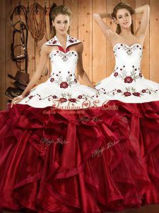 Delicate Wine Red Ball Gowns Organza Halter Top Sleeveless Embroidery and Ruffles Floor Length Lace Up Quinceanera Dresses