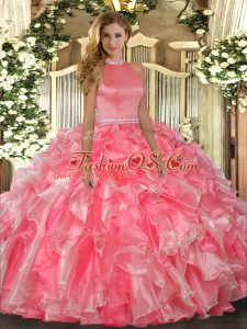 Modest Hot Pink Sleeveless Floor Length Beading and Ruffles Backless Sweet 16 Quinceanera Dress