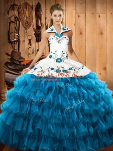 Floor Length Teal Ball Gown Prom Dress Organza Sleeveless Embroidery and Ruffled Layers