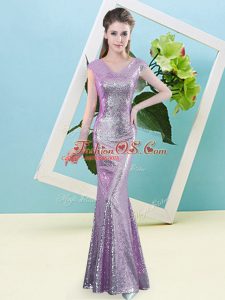 Popular V-neck Cap Sleeves Prom Party Dress Floor Length Sequins Lilac Sequined