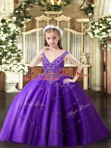 Superior Purple V-neck Lace Up Beading and Appliques Pageant Dress Wholesale Sleeveless
