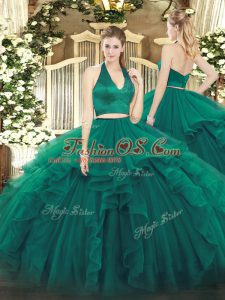 Dark Green Sweet 16 Quinceanera Dress Military Ball and Sweet 16 and Quinceanera with Ruffles Halter Top Sleeveless Zipper
