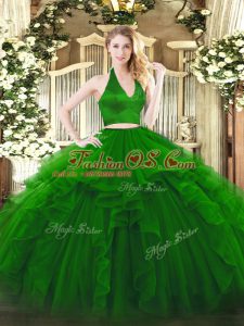 Lovely Floor Length Green Sweet 16 Dresses Organza Sleeveless Ruffles