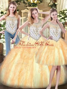 Gold Scoop Neckline Beading and Ruffles Quinceanera Gowns Sleeveless Zipper