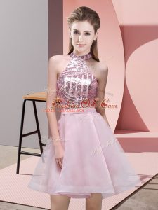 Fantastic Halter Top Sleeveless Bridesmaid Dresses Mini Length Sequins Pink Chiffon
