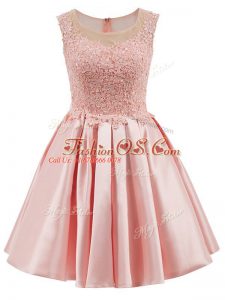 Chic Baby Pink Satin Zipper Scoop Sleeveless Mini Length Wedding Party Dress Lace