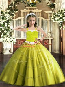 Custom Design Sleeveless Floor Length Appliques Lace Up Little Girls Pageant Dress with Yellow Green