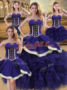 Modern Purple Ball Gowns Sweetheart Sleeveless Satin Floor Length Lace Up Beading and Ruffles Quinceanera Gowns